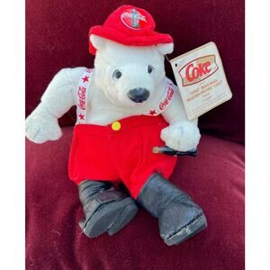 Coca-Cola Bean Bag Plush Polar Bear Fireman in Pants & Coca-Cola Hat #HS0310